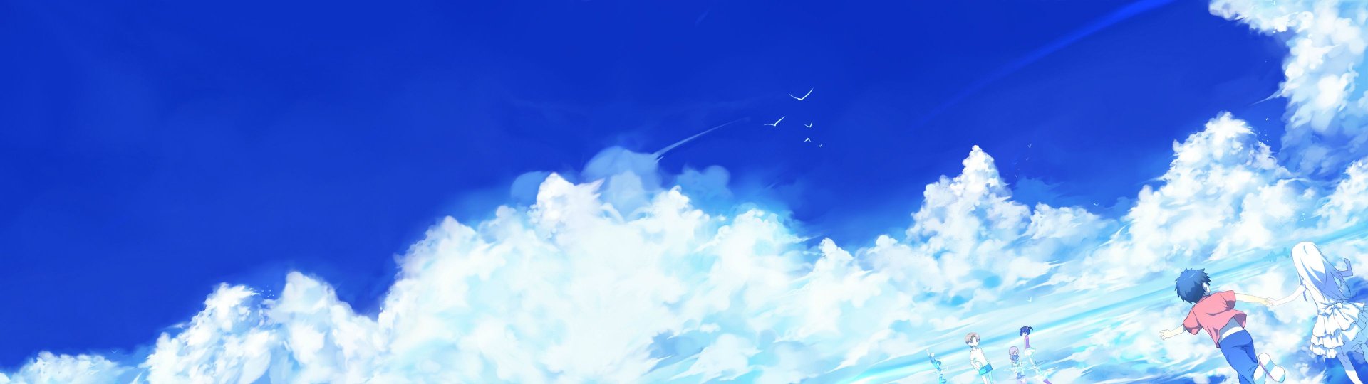 HD PC desktop wallpaper featuring a vibrant blue sky with fluffy white clouds and faint silhouettes from the anime Anohana.