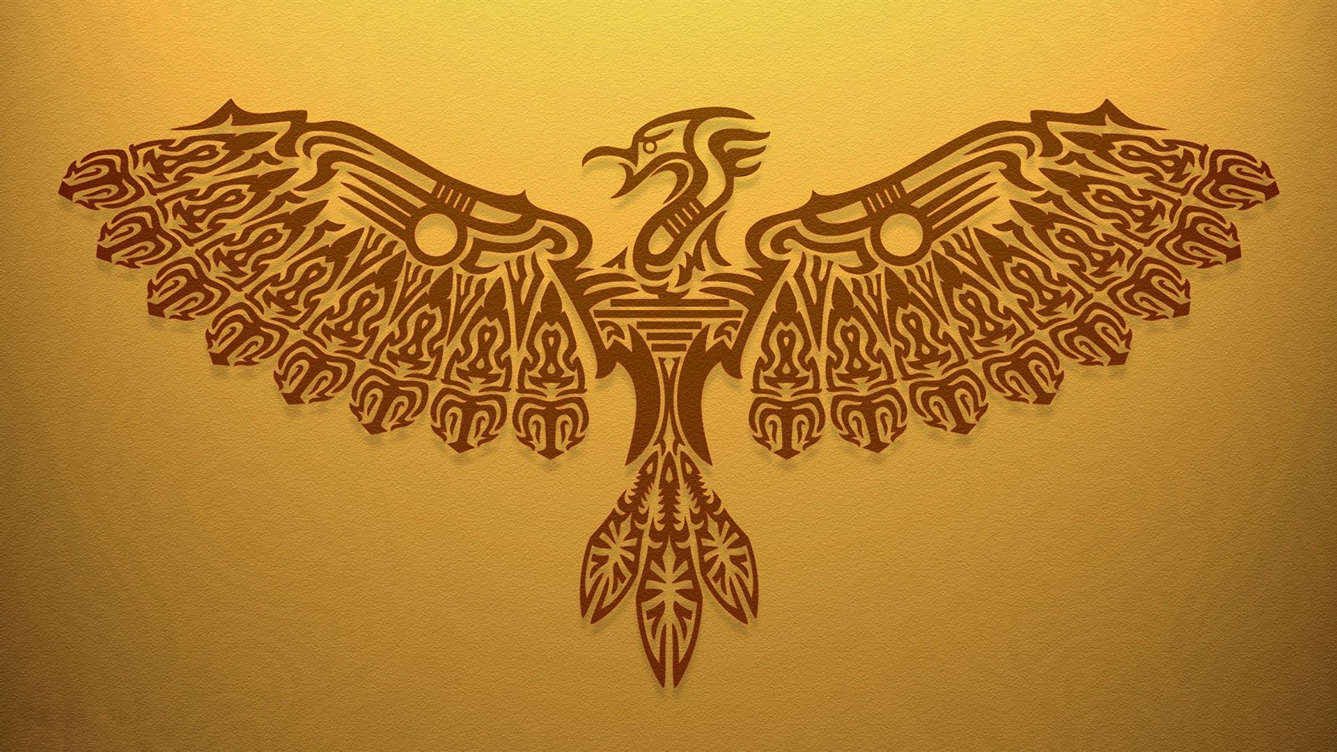 A stunning HD wallpaper featuring a beautifully intricate phoenix design, showcasing bold lines and patterns against a warm yellow background, embodying fantasy and myth.