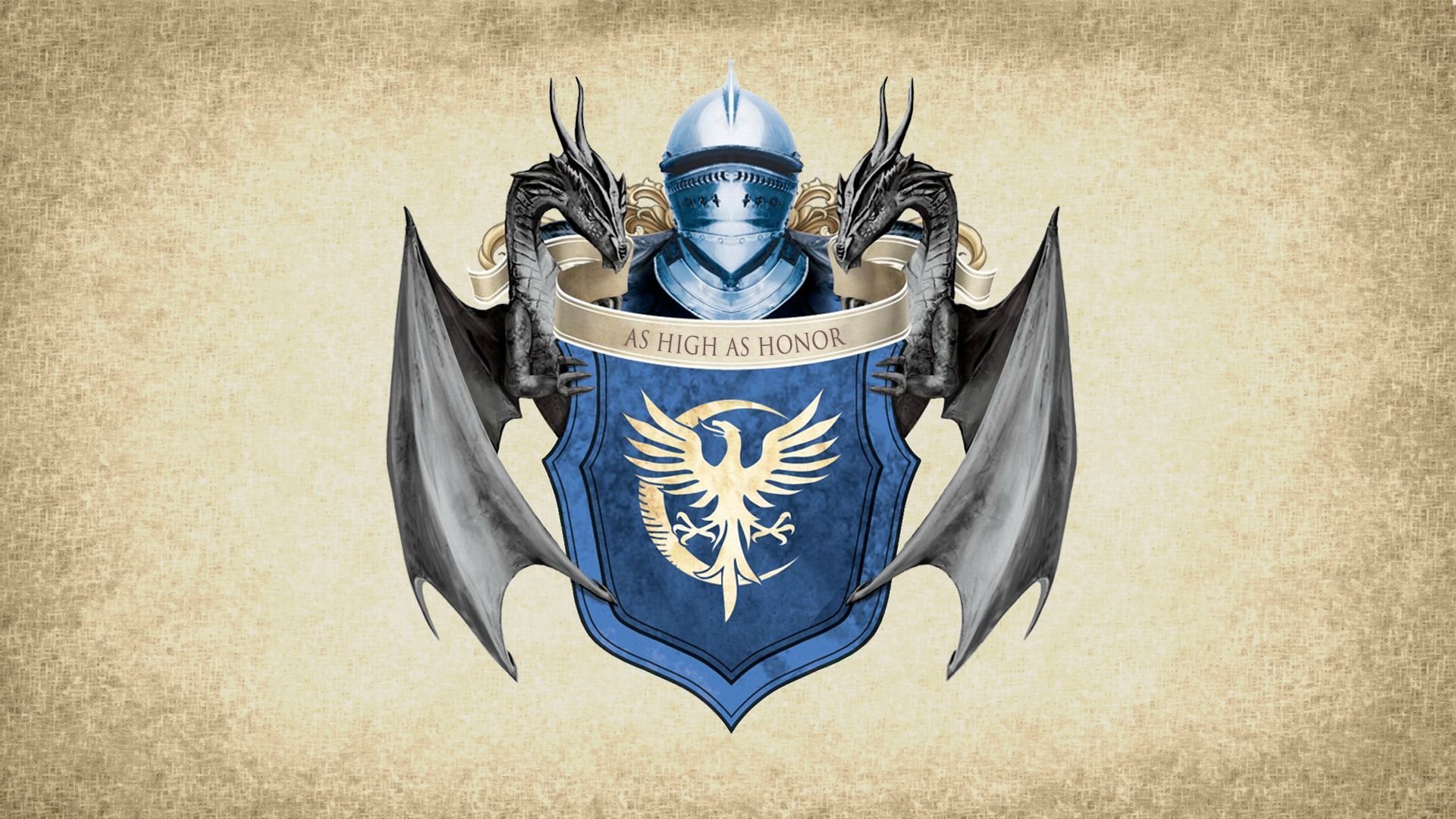 A Game of Thrones-themed HD wallpaper featuring a blue shield, dragons, and a knight’s helmet, emblazoned with the phrase As High As Honor.