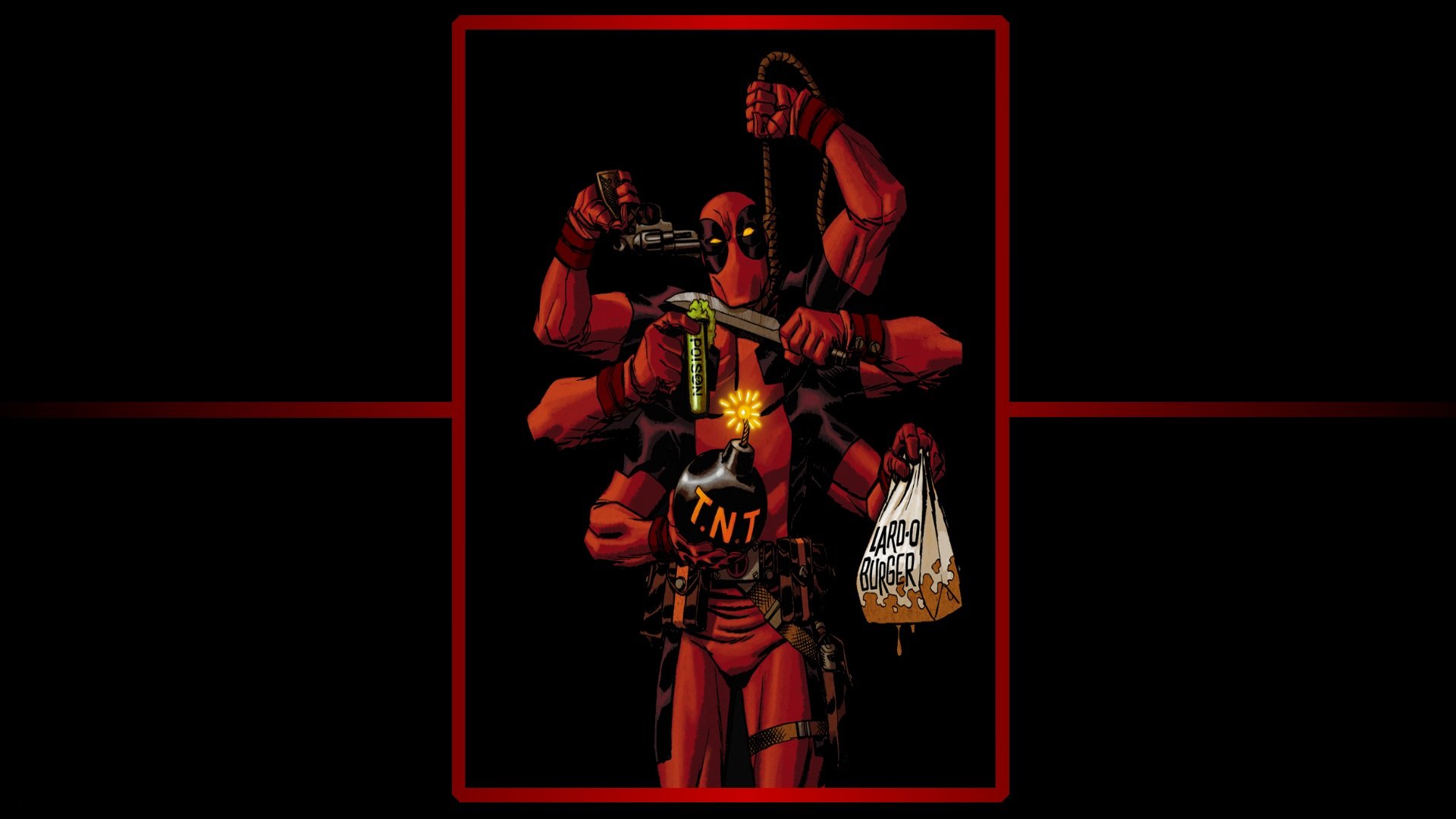 A vibrant HD wallpaper featuring Deadpool, also known as the Merc with a Mouth, showcasing his iconic red suit and playful attitude amidst a comic-style backdrop.