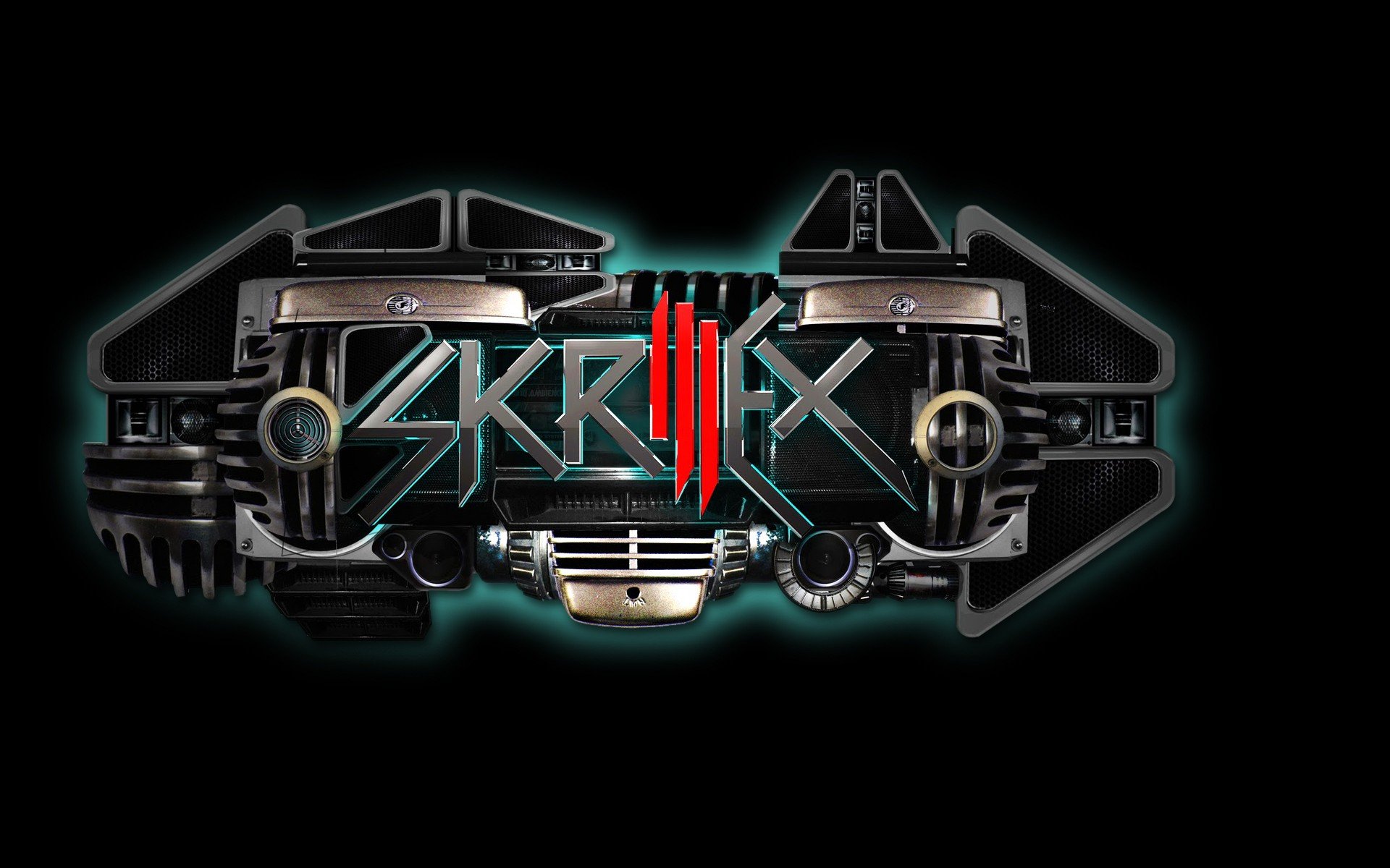 HD PC desktop wallpaper featuring a futuristic design with the Skrillex logo, incorporating elements of music and electronic style against a black background.