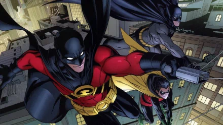 Dynamic comic scene featuring Damian Wayne as Robin, Tim Drake as Red Robin, and Batman, all leaping through a cityscape at night, showcasing their heroic camaraderie.
