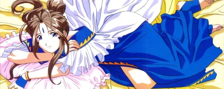 HD PC desktop wallpaper/background of Belldandy (Ah! My Goddess): anime portrait of her reclining in a white-and-blue dress with flowing ribbons and a gentle smile.