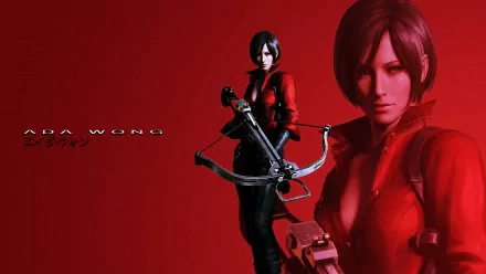 A dynamic HD wallpaper featuring Ada Wong from Resident Evil 6, showcasing her iconic red outfit and a crossbow against a striking red background.