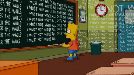 HD wallpaper featuring Bart Simpson from the TV show The Simpsons, writing I must not write all over the walls repeatedly on a classroom chalkboard, surrounded by the same phrase on the walls.