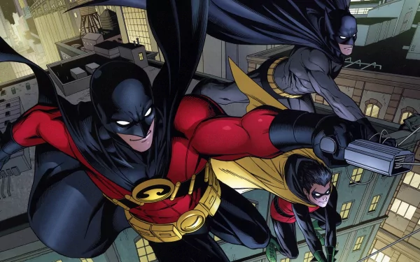 Dynamic comic scene featuring Damian Wayne as Robin, Tim Drake as Red Robin, and Batman, all leaping through a cityscape at night, showcasing their heroic camaraderie.