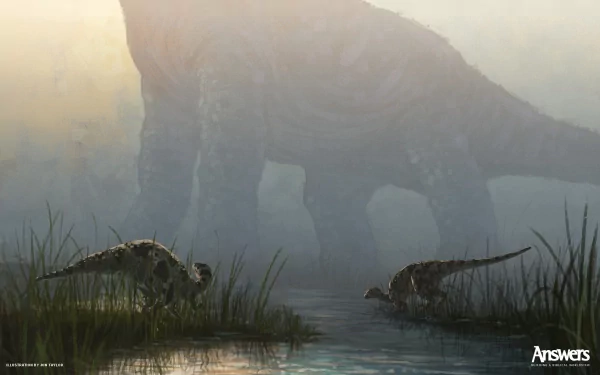 HD PC desktop wallpaper featuring two small dinosaurs near water with a large dinosaur in the misty background, set in a prehistoric, natural landscape.