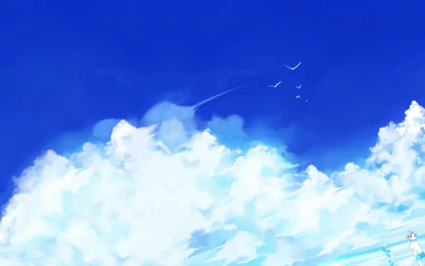 HD PC desktop wallpaper featuring a vibrant blue sky with fluffy white clouds and faint silhouettes from the anime Anohana.