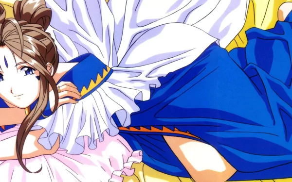 HD PC desktop wallpaper/background of Belldandy (Ah! My Goddess): anime portrait of her reclining in a white-and-blue dress with flowing ribbons and a gentle smile.