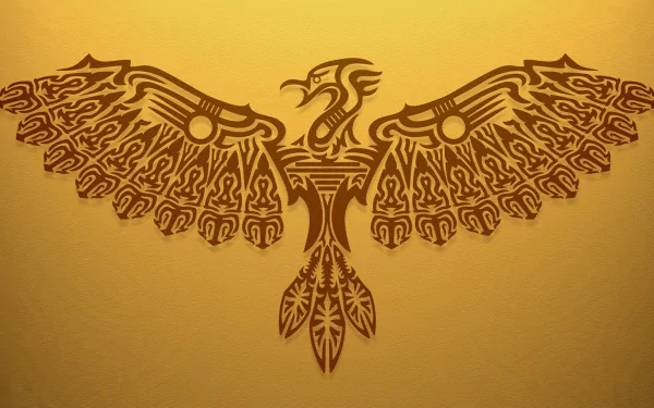 A stunning HD wallpaper featuring a beautifully intricate phoenix design, showcasing bold lines and patterns against a warm yellow background, embodying fantasy and myth.