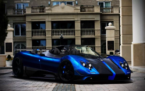HD PC desktop wallpaper showcasing a striking blue Pagani Zonda Cinque sports car parked in front of an elegant building.
