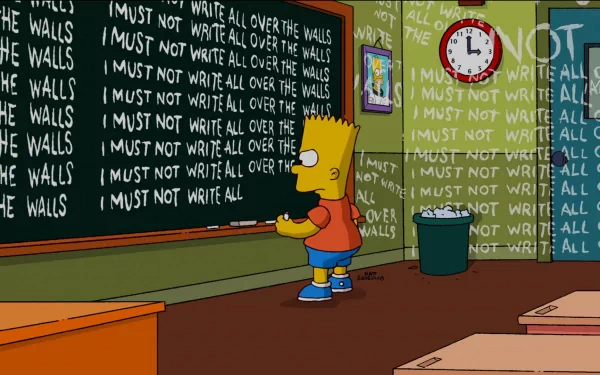 HD wallpaper featuring Bart Simpson from the TV show The Simpsons, writing I must not write all over the walls repeatedly on a classroom chalkboard, surrounded by the same phrase on the walls.