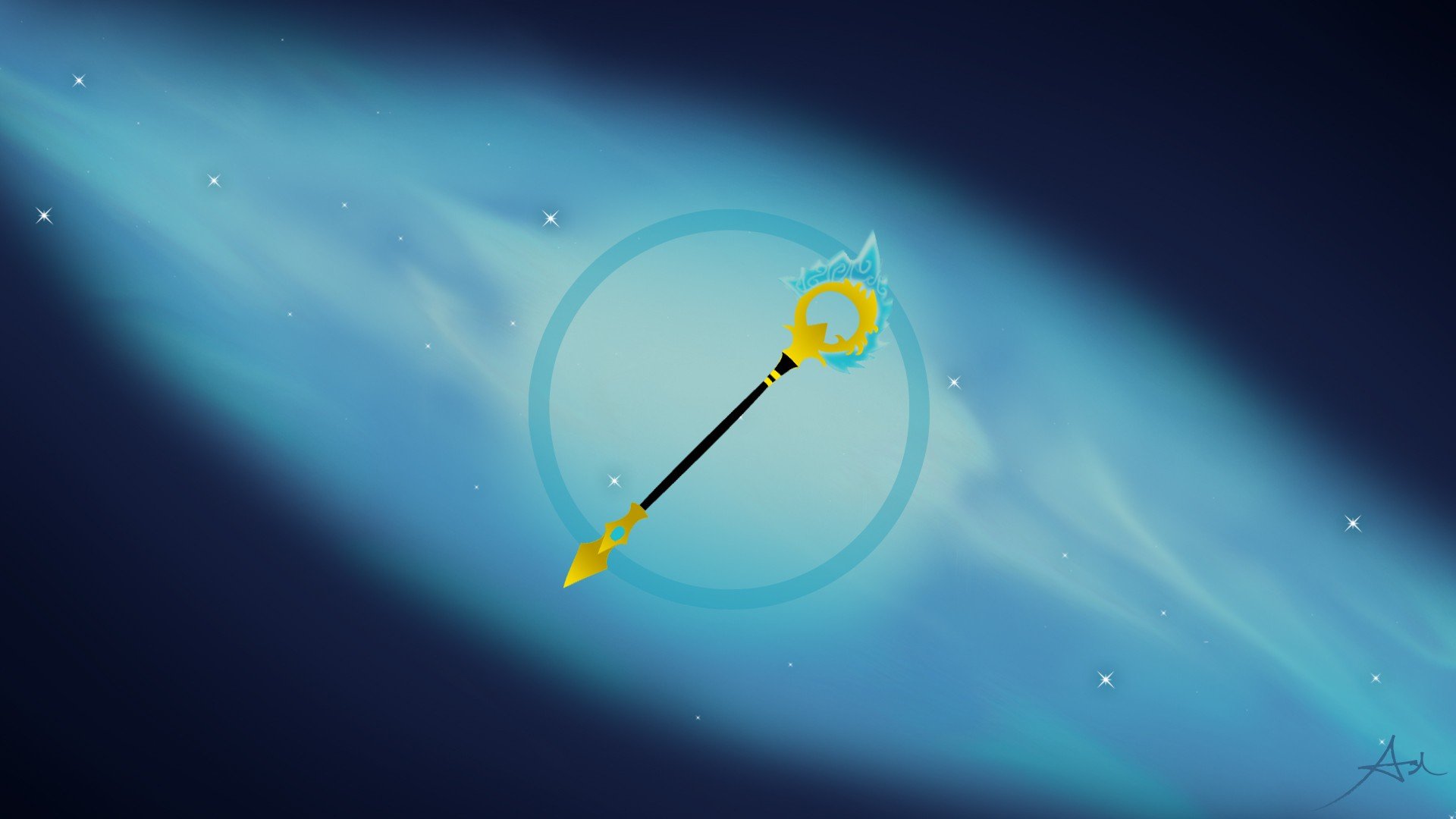 HD PC desktop wallpaper featuring Nami's staff from the video game League of Legends against a glowing blue cosmic background.