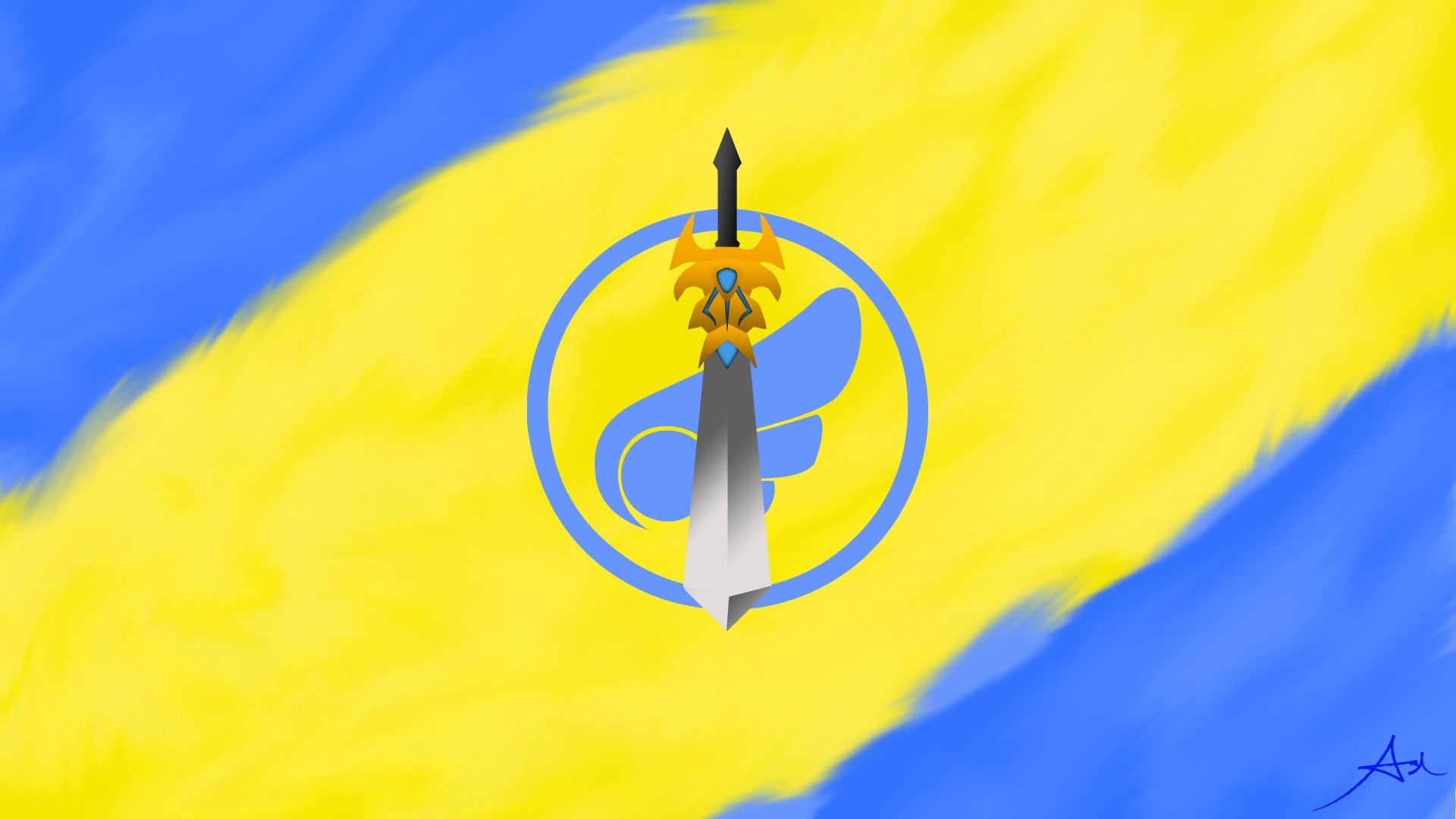 HD PC desktop wallpaper featuring Garen's iconic sword and emblem from the video game League of Legends, set against a vibrant blue and yellow background.