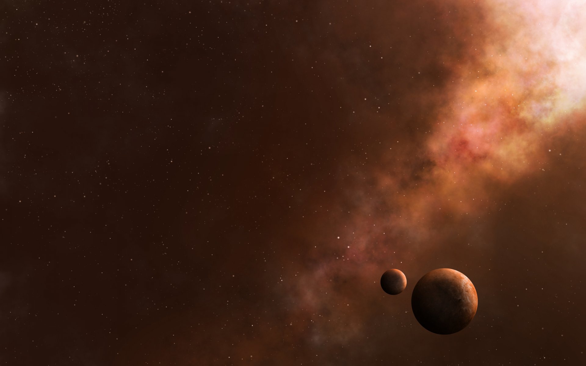 HD sci-fi desktop wallpaper showing two planets against a starry, reddish cosmic background.