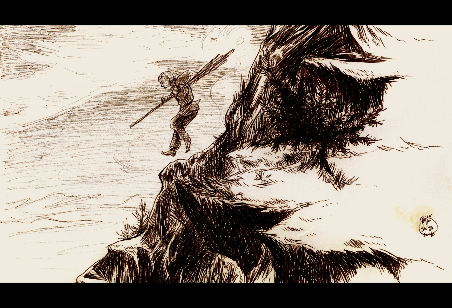 Sepia sketch of a lone Airbender balancing on a jagged cliff edge with staff against gusting wind — Anime, Avatar: The Last Airbender 2K Quad HD PC desktop wallpaper/background.