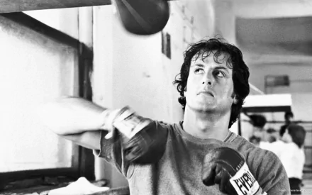 HD PC desktop wallpaper featuring a black-and-white scene from the movie Rocky II with the iconic training moment of the boxer in gloves.