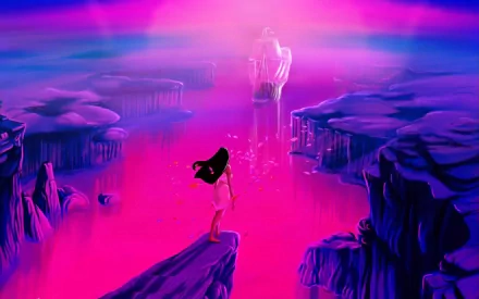 A stunning HD wallpaper featuring Pocahontas standing on a rocky ledge, gazing at a vibrant, colorful landscape filled with flowing water and ethereal mist.