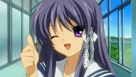 HD PC desktop wallpaper featuring Kyou Fujibayashi from the anime Clannad, showing her with purple hair and a cheerful thumbs-up pose by a window.