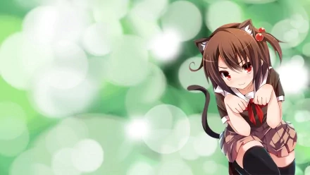 HD desktop wallpaper featuring an anime girl with cat ears, tail, and a playful pose against a soft, light green bokeh background.