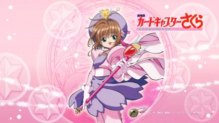 HD wallpaper featuring Cardcaptor Sakura, showcasing the character in her iconic outfit with a magical staff, set against a pink background adorned with stars.