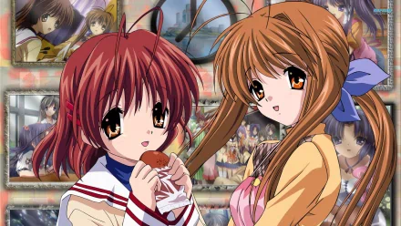 HD PC desktop wallpaper of Clannad anime featuring Sanae Furukawa and Nagisa Furukawa smiling in the foreground against a warm, crowded cityscape background.