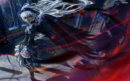 High-definition wallpaper featuring Suigintou from the anime Rozen Maiden, showcasing her dark, elegant attire with flowing silver hair against a dramatic background.