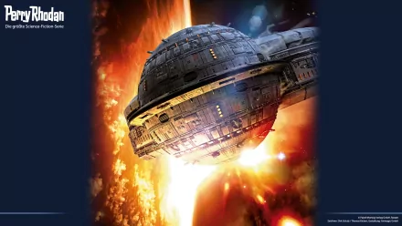 Sci-Fi Perry Rhodan HD PC desktop wallpaper and background: massive circular starship hovers above a fiery exploding planet, glowing thrusters and dramatic deep-space backdrop.