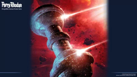 HD PC desktop wallpaper featuring a sci-fi spaceship from Perry Rhodan against a fiery red cosmic background with intense laser beams.