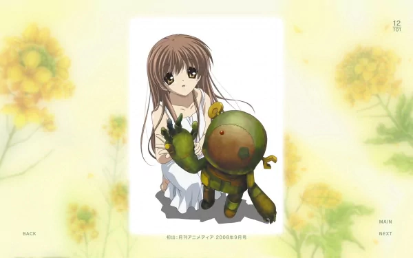 HD PC wallpaper: Clannad anime girl from the Illusionary World kneeling beside a small junk robot against a soft floral background.