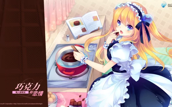HD PC desktop wallpaper/background: Anime Os-tan maid stirring chocolate in a cozy kitchen, blonde hair with blue ribbons, open cookbook and sweets on the counter.