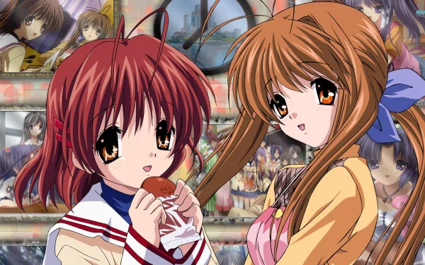 HD PC desktop wallpaper of Clannad anime featuring Sanae Furukawa and Nagisa Furukawa smiling in the foreground against a warm, crowded cityscape background.