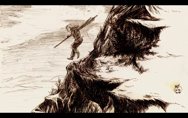 Sepia sketch of a lone Airbender balancing on a jagged cliff edge with staff against gusting wind — Anime, Avatar: The Last Airbender 2K Quad HD PC desktop wallpaper/background.