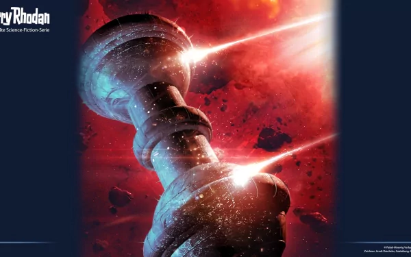 HD PC desktop wallpaper featuring a sci-fi spaceship from Perry Rhodan against a fiery red cosmic background with intense laser beams.