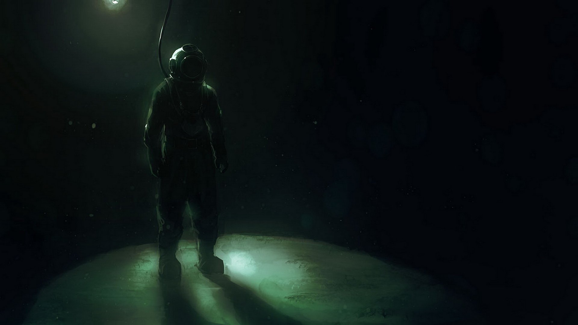 HD desktop wallpaper of a lone scuba diver illuminated by a soft glow in a dark, fantasy-inspired ocean scene.