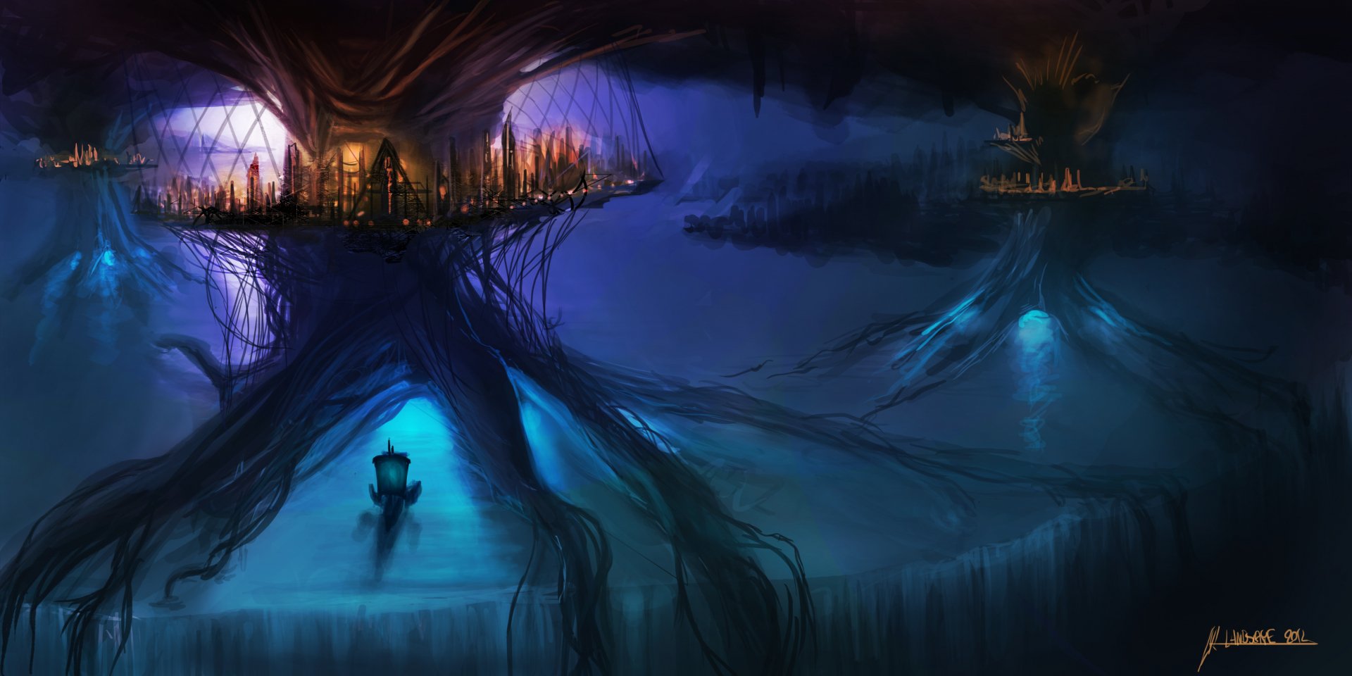 Fantasy landscape depicting glowing tree-like structures with floating villages and a boat navigating misty waters, rendered in high-definition for PC desktop wallpaper.