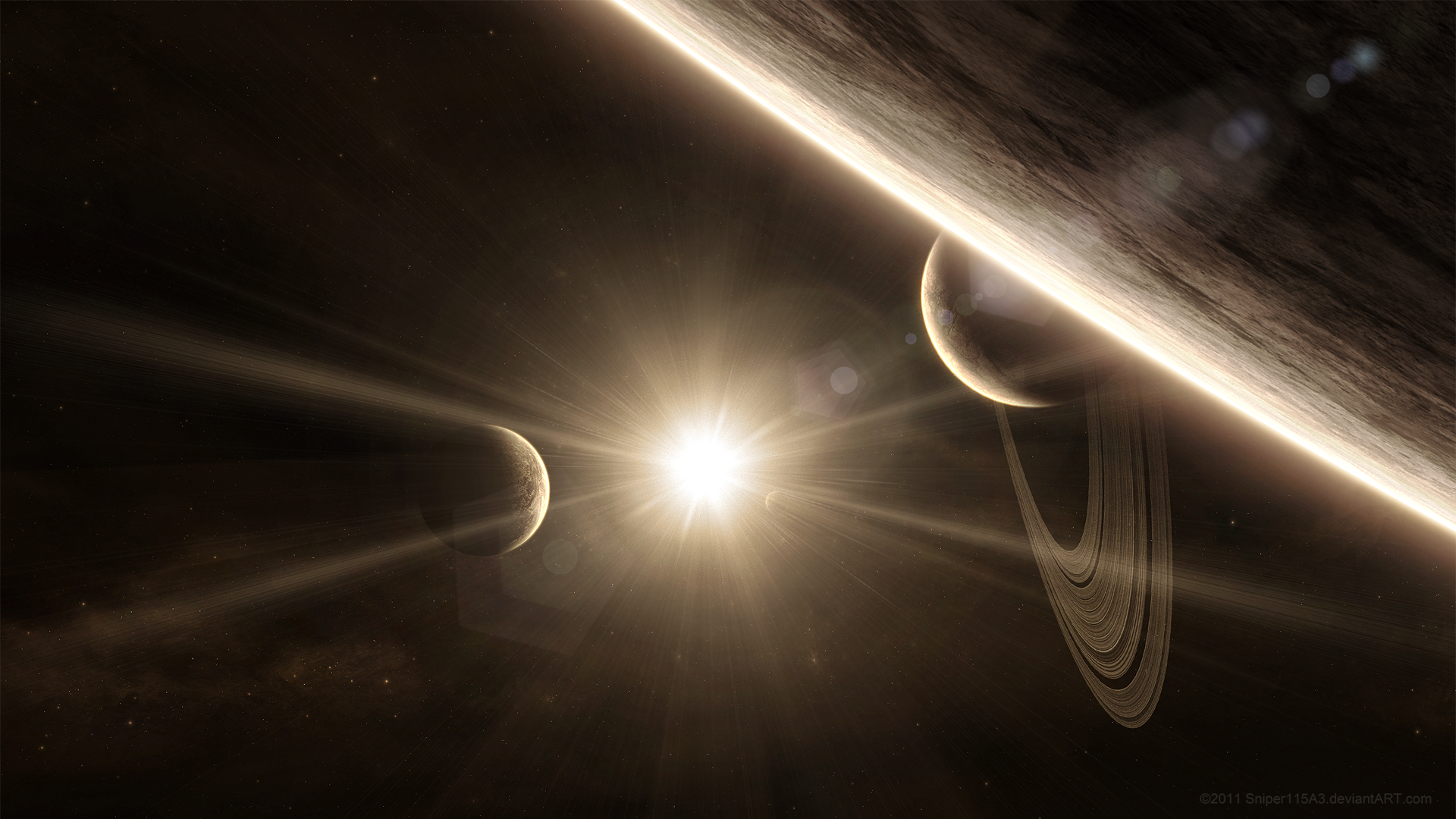 Sci-fi HD PC desktop wallpaper and background: a bright star illuminates a ringed planet and nearby moons drifting through deep space.