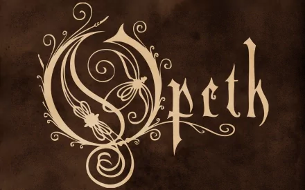 Ornate cream Opeth logo with floral swirls on a textured brown backdrop, music-themed HD PC desktop wallpaper and background