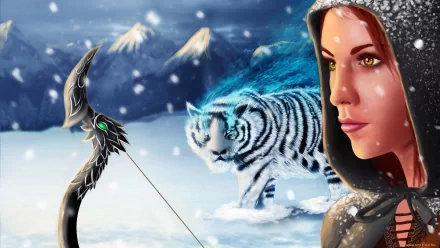 Fantasy HD PC desktop wallpaper and background: hooded female archer with an ornate bow beside a blue-white tiger in a snowy mountain landscape.