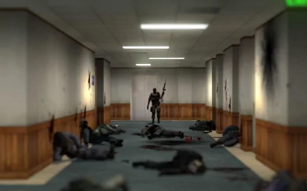 HD desktop wallpaper featuring a scene from the video game Counter Strike, showing a lone soldier in a hallway filled with fallen enemies.