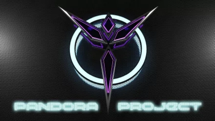 HD PC desktop wallpaper for Planetside 2: purple angular Pandora Project emblem over a glowing cyan ring on a dark textured background with neon PANDORA PROJECT text.