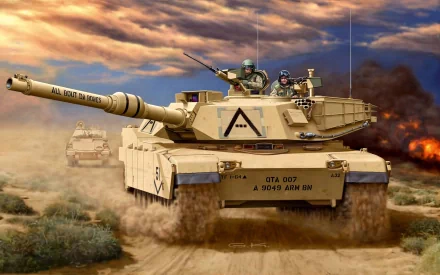A dynamic HD wallpaper featuring a military tank maneuvering through a desert landscape, with soldiers onboard, set against a dramatic sky and distant explosions.
