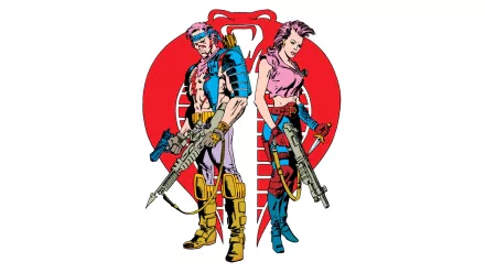 Comic G.I. Joe HD PC desktop wallpaper/background: two armed characters stand back-to-back in colorful comic art before a bold red Cobra emblem.