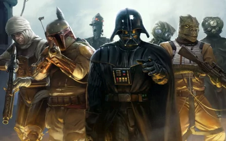 HD Star Wars wallpaper featuring Darth Vader, Boba Fett, Bossk, Zuckuss, 4-LOM, and other bounty hunters in a dramatic sci-fi scene.
