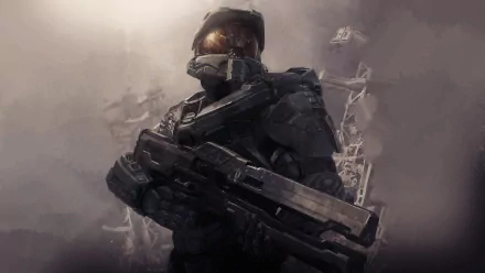 HD desktop wallpaper featuring Master Chief from the video game Halo 4, shown in detailed armor holding a weapon against a misty, battle-worn backdrop.