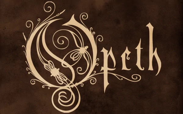 Ornate cream Opeth logo with floral swirls on a textured brown backdrop, music-themed HD PC desktop wallpaper and background