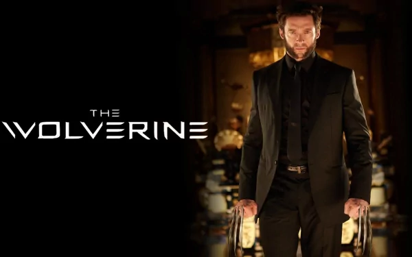 A dramatic HD wallpaper featuring Logan James Howlett as Wolverine from the movie The Wolverine, poised with claws extended in a striking black suit.