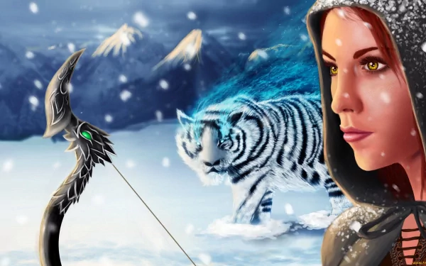 Fantasy HD PC desktop wallpaper and background: hooded female archer with an ornate bow beside a blue-white tiger in a snowy mountain landscape.