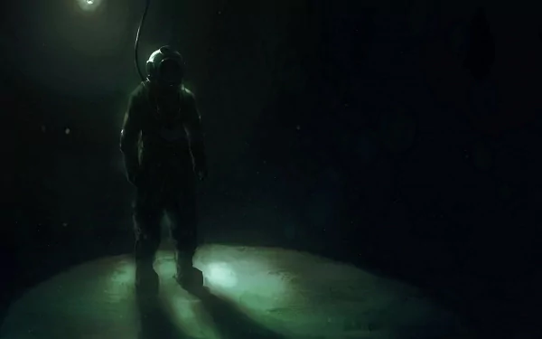 HD desktop wallpaper of a lone scuba diver illuminated by a soft glow in a dark, fantasy-inspired ocean scene.