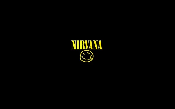 HD PC desktop wallpaper featuring the iconic yellow Nirvana logo with the band's smiley face emblem on a black background, celebrating music and rock culture.